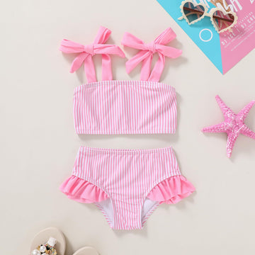Younger Tree Toddler Girls Two Pieces Swimsuit Color Block Stripe Swimwear Summer Beach Bathing Suit 18M-5T(Pink 12-18 Months)