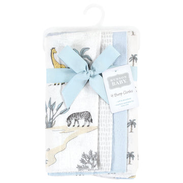 Hudson Baby Unisex Baby Cotton Flannel Burp Cloths 4-Pack, Boy Safari World, One Size
