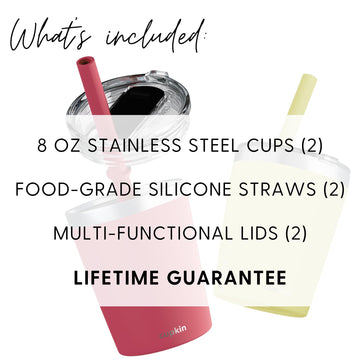 Cupkin Eco Kids Tumbler Cup, The Original 8 Oz Stackable Stainless Steel Metal Straw Cups, Set Of 2 Powder Coated Insulated Cup