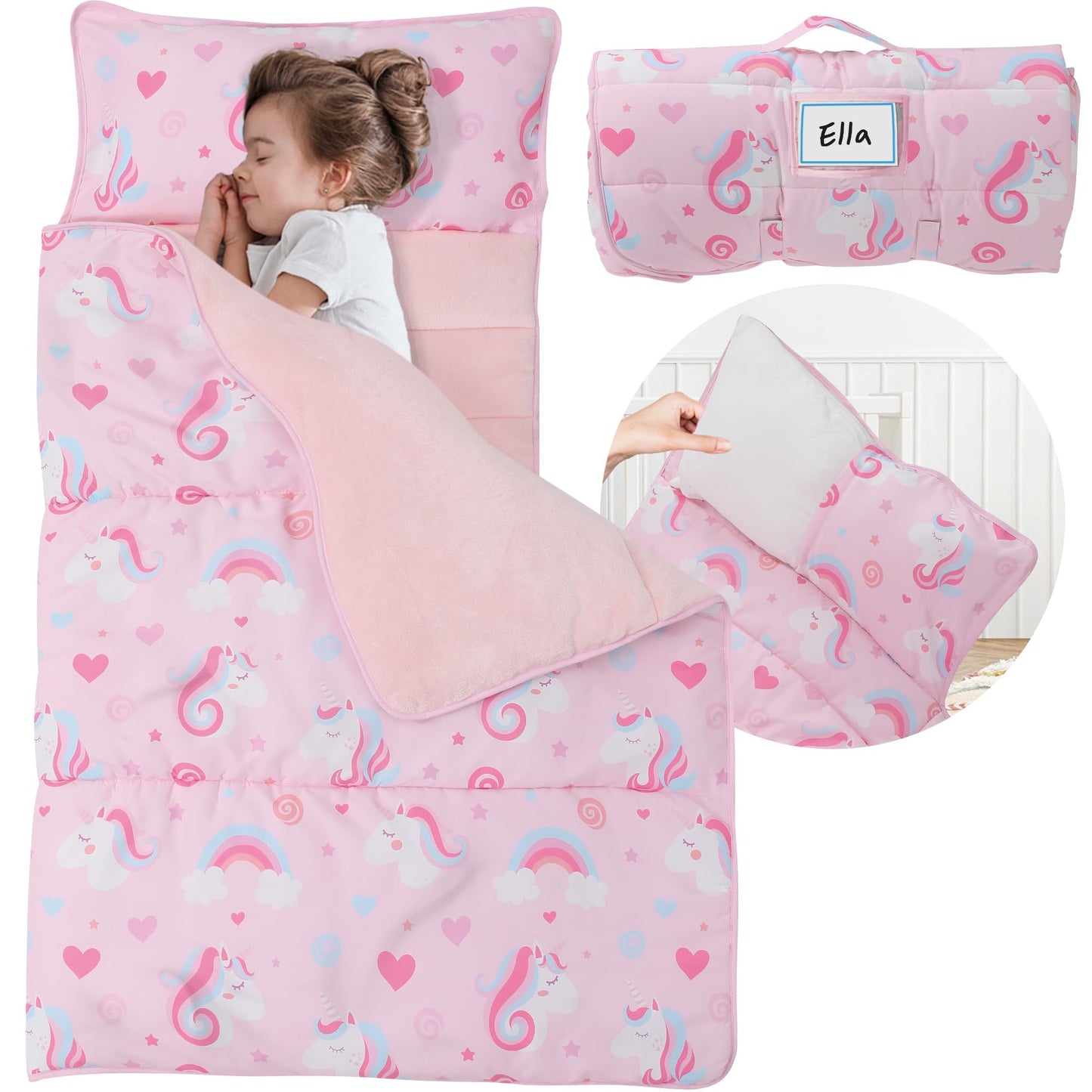 E1F1NN DOT Toddler Nap Mat with Detachable Pillow & Blanket - Soft Plush Minky Fleece Kids Sleeping Bag for Daycare, Preschool &