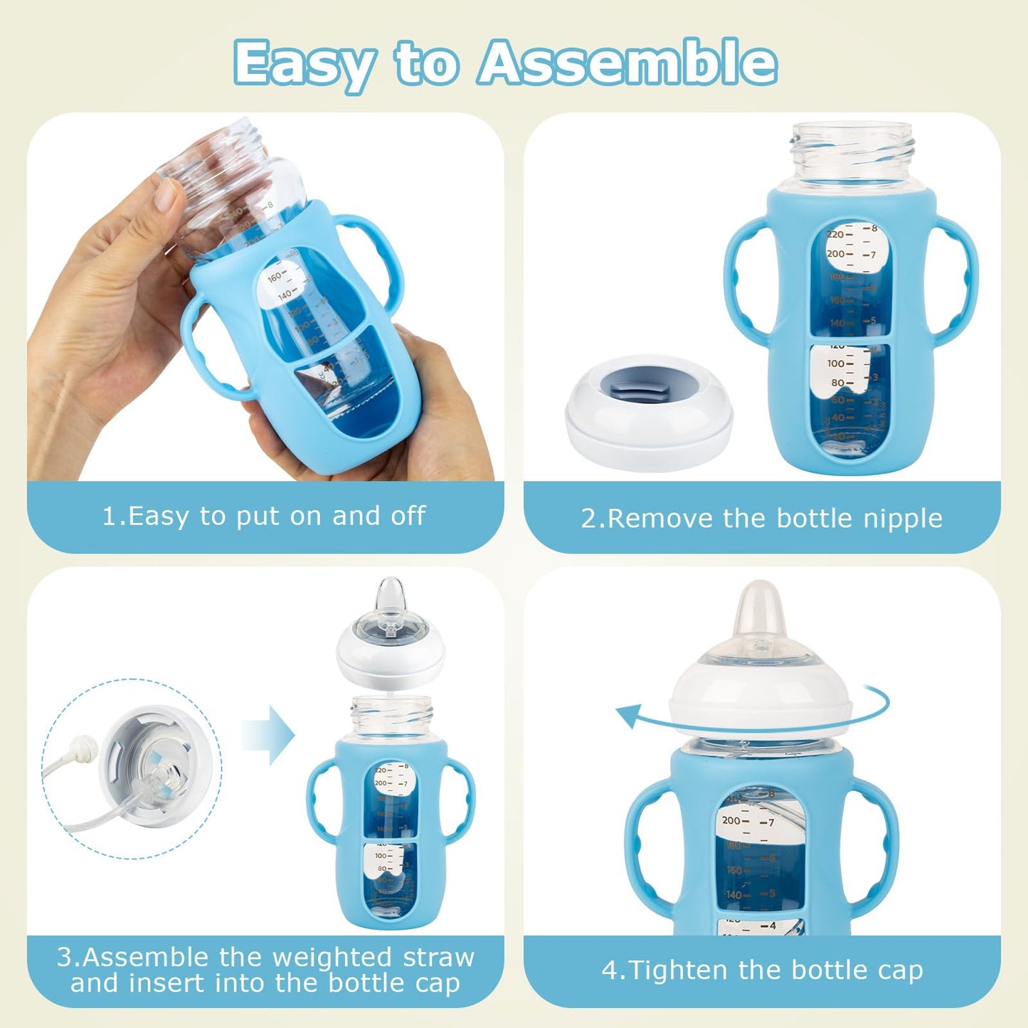 joyfeed Sippy Cup Conversion Kit with Handle & Anti-Breakage Silicone Sleeve - Compatible with Avent Natural Glass Baby Bottle 8