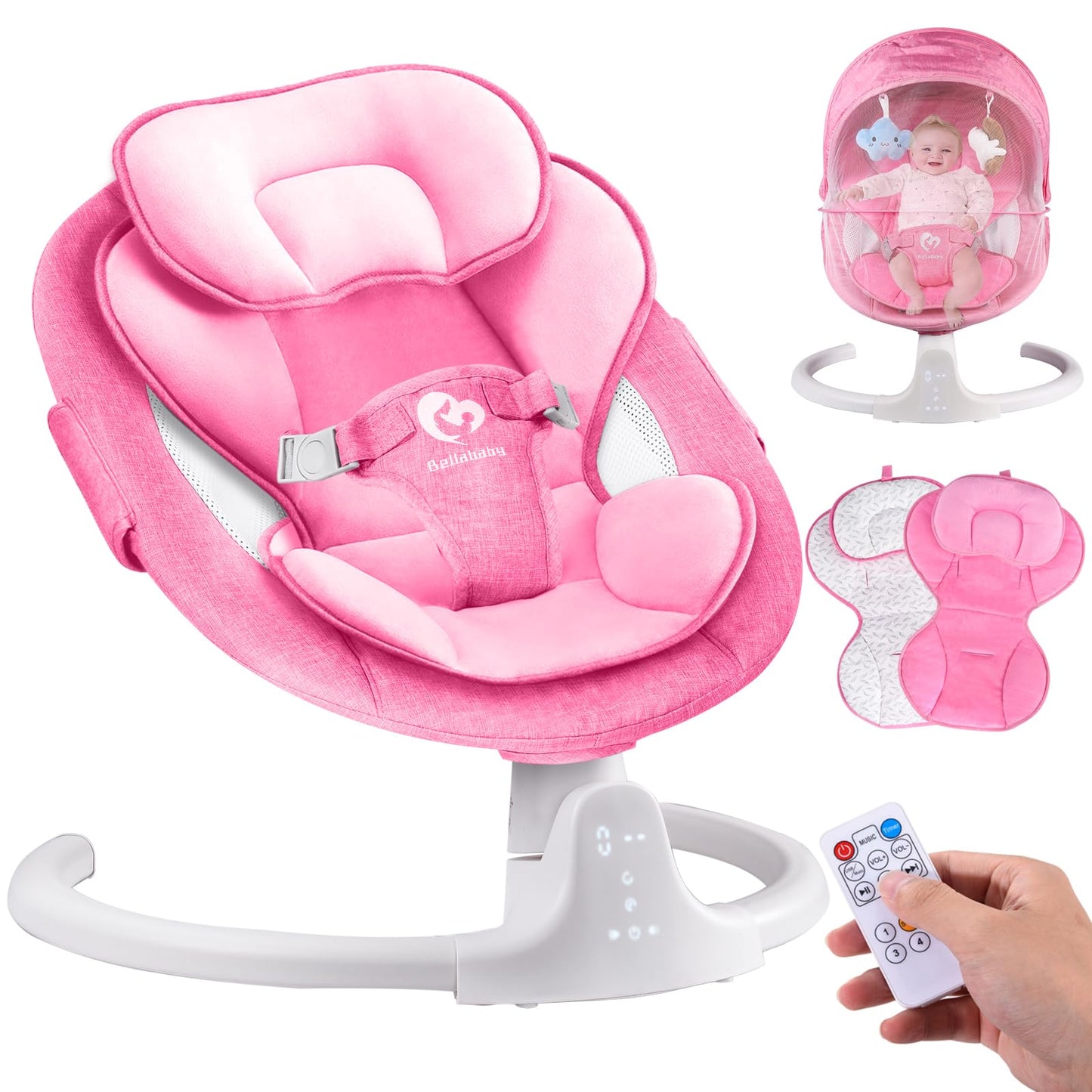 Bluetooth Baby Swing for Infants, Compact & Portable Baby Swing for Girl, 3 Seat Positions, 5 Swing Speed, 10 Music, Remote Cont