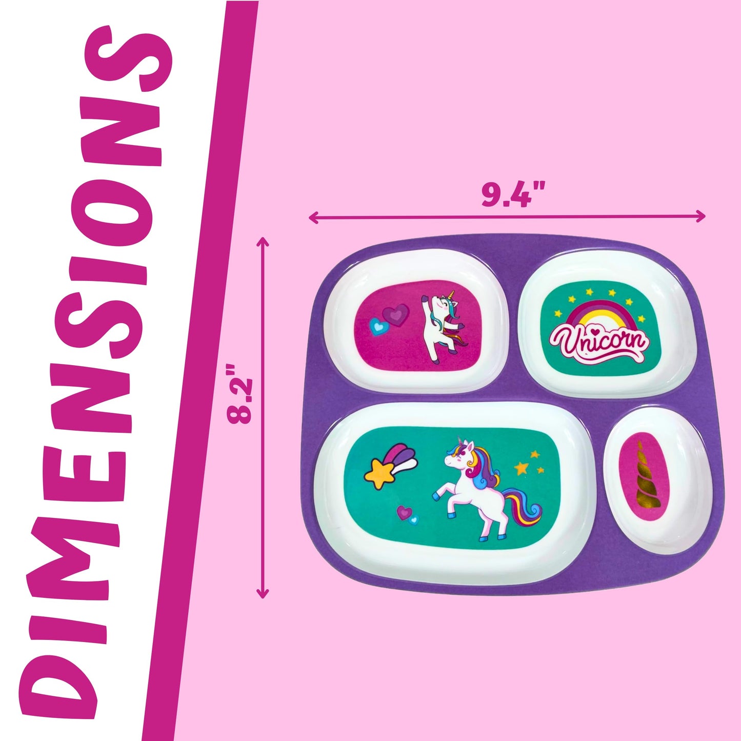 4E'S Novelty 4 Melamine Dinner Plate For Kids Girls, Plastic Mealtime Divided Plates, Dinnerware Dishes Set For Toddlers Picky E