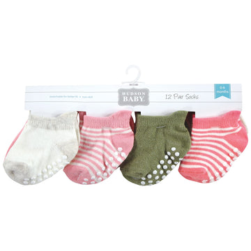 Hudson Baby Unisex Baby Non-Skid No-Show Socks, Pink Green, 6-12 Months