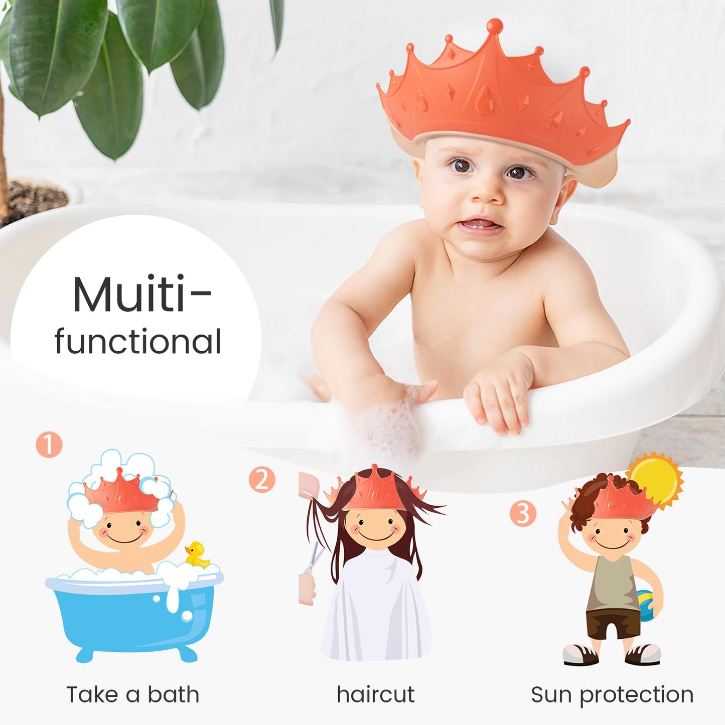 Funupup Kids Shower Cap, 2 Pack Adjustable Toddler Hair Washing Bathing Cap Shield Visor Shampoo Cap Protect Baby Eyes (Crown, P