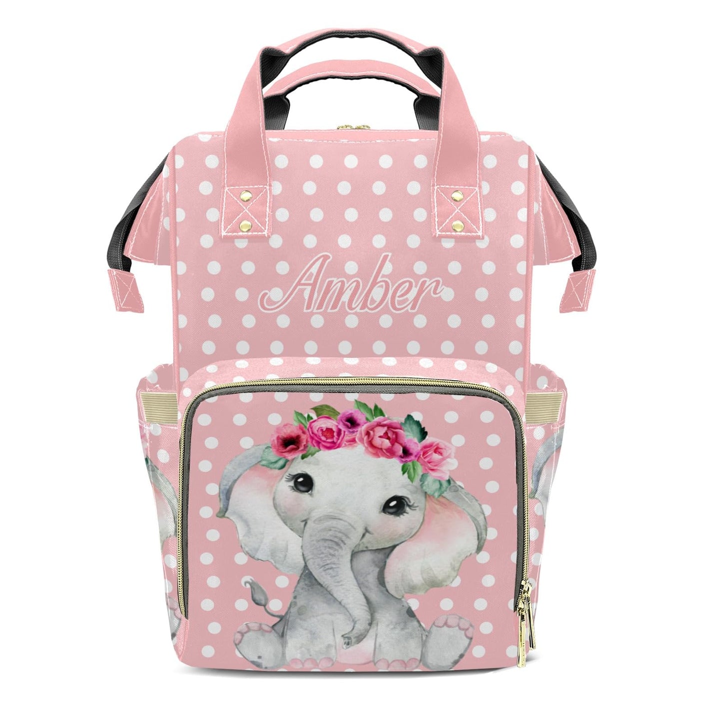 XOZOTY Elephant Flower Pink Diaper Bags Backpack with Name Personalized Baby Bag Travel Tote Bag Gifts for Mom Girl