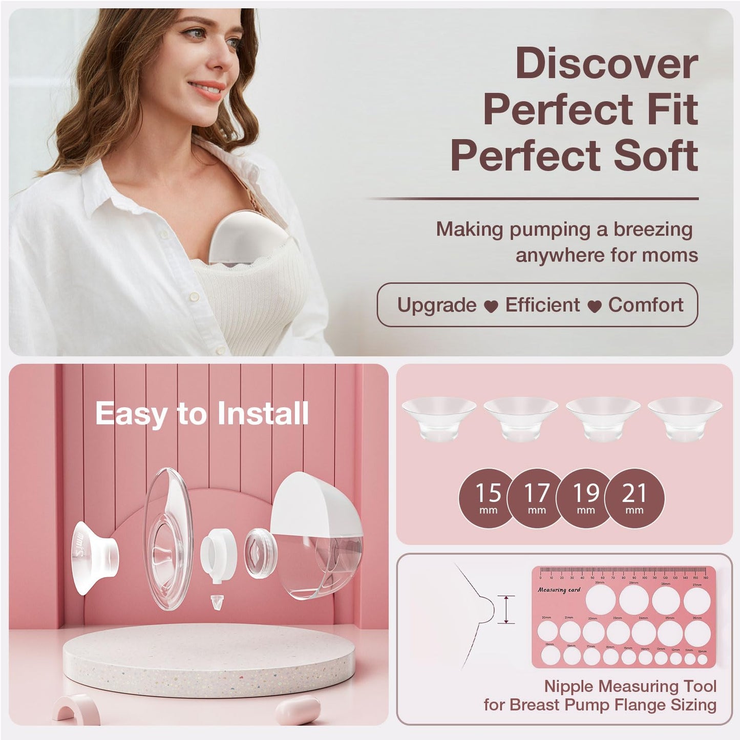 Upgrade Breast Pump Flange Inserts 15/17/19/21Mm For Most 24Mm Flange/Shield, 8Pcs Softer Silicone Flange Sizing Kit Compatible