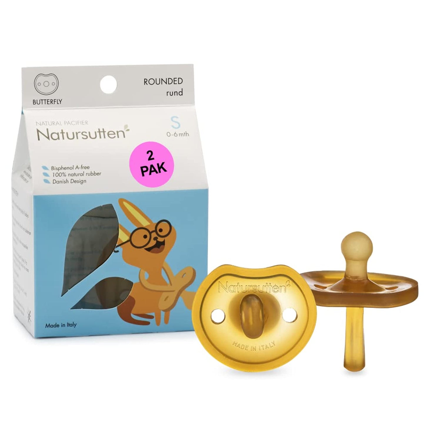 Natursutten 2-Pack Natural Rubber Pacifiers - Safe & Soft BPA-Free Pacifier for Breastfeeding Babies, Made in Italy, Butterfly S