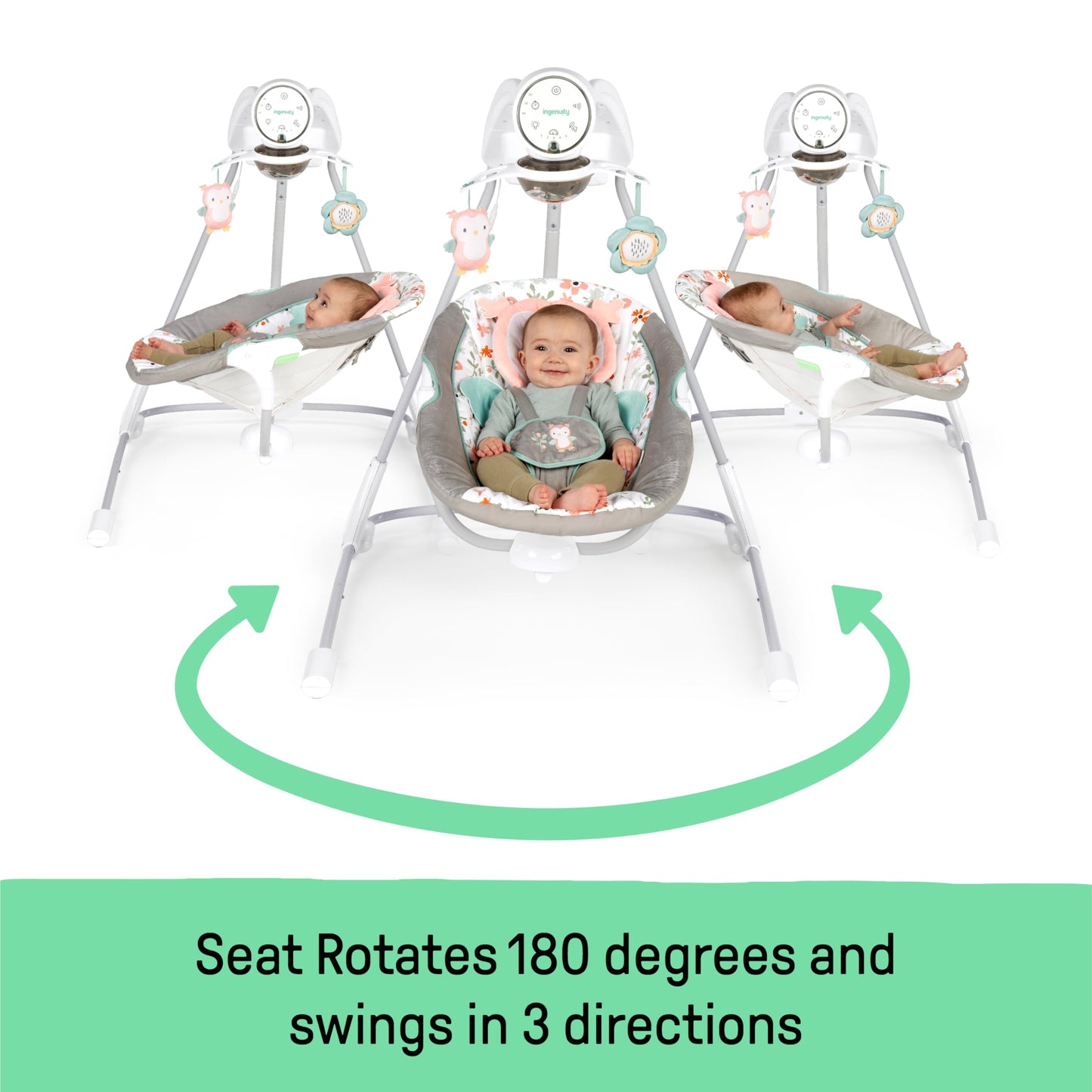 Ingenuity Inlighten 5-Speed Baby Swing - Swivel Infant Seat, 5 Point Safety Harness, Nature Sounds, Lights - Nally Owl
