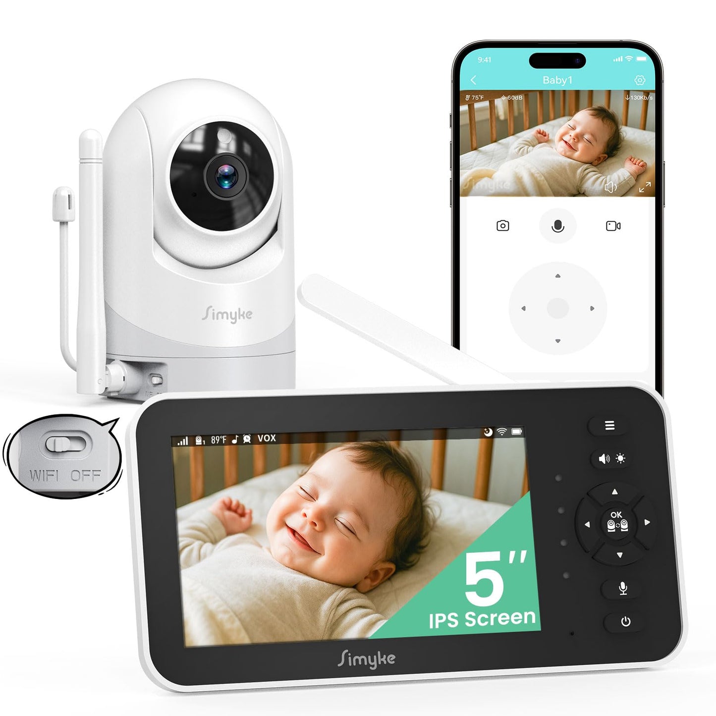 Simyke Video Baby Monitor with Camera and Audio,5 Screen,720P,No Wifi or Free App Mode,Pan-Tilt-Zoom,Lullabies,Feeding Remind,