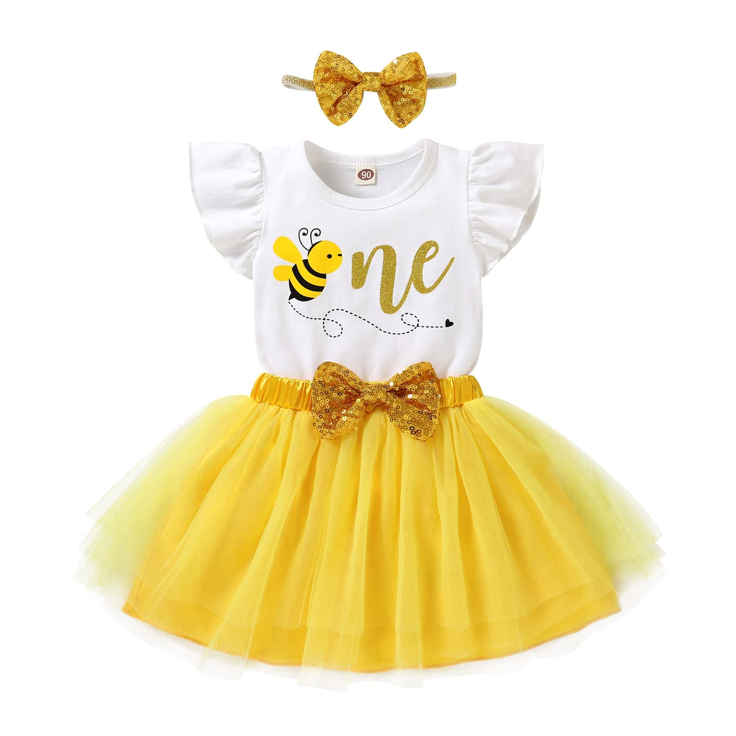 Happyma Baby Girls One 1St Birthday Outfit Bee Romper Tulle Tutu Skirt Sequin Bow Party Clothes Set White Yellow 18-24 Months