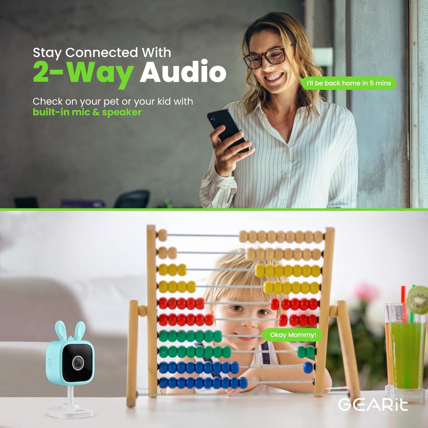 Gearit Baby Monitor With Camera & Audio 2K Video With Motion & Crying Detection, 2 Way Audio Easy Wifi Setup, Remote Monitoring