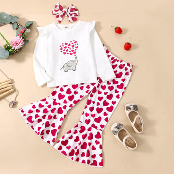 Rtnnsbbfcm Toddler Baby Girl Valentine'S Day Outfit Long Sleeve Elephant Heart T-Shirt Top Bell Bottom Pants Headband 3Pcs Set (