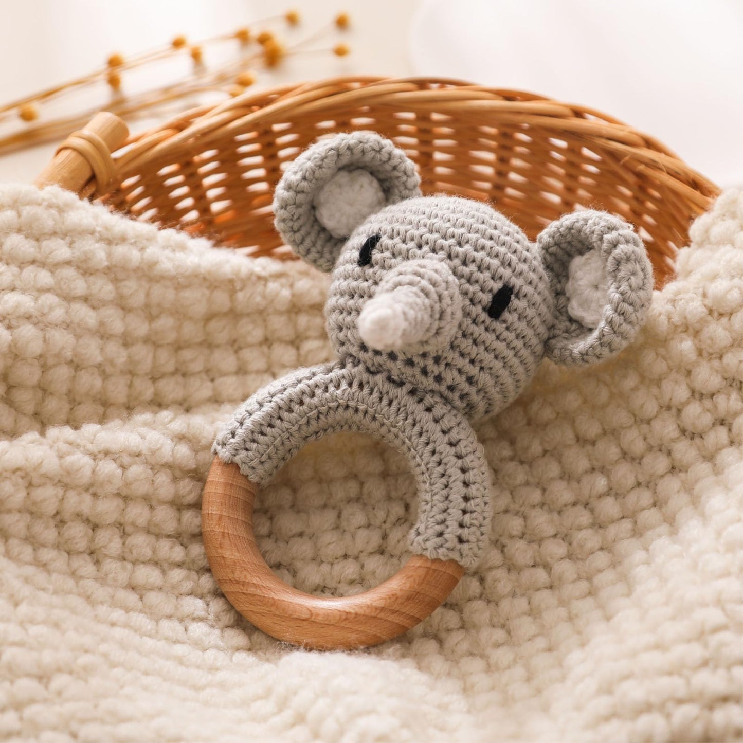 Wooden Baby Rattle,Crochet Elephant Rattle with Wood Ring, Newborn Wooden Animal Rattle Toy,Infant Elephant Wood Rattle Toys