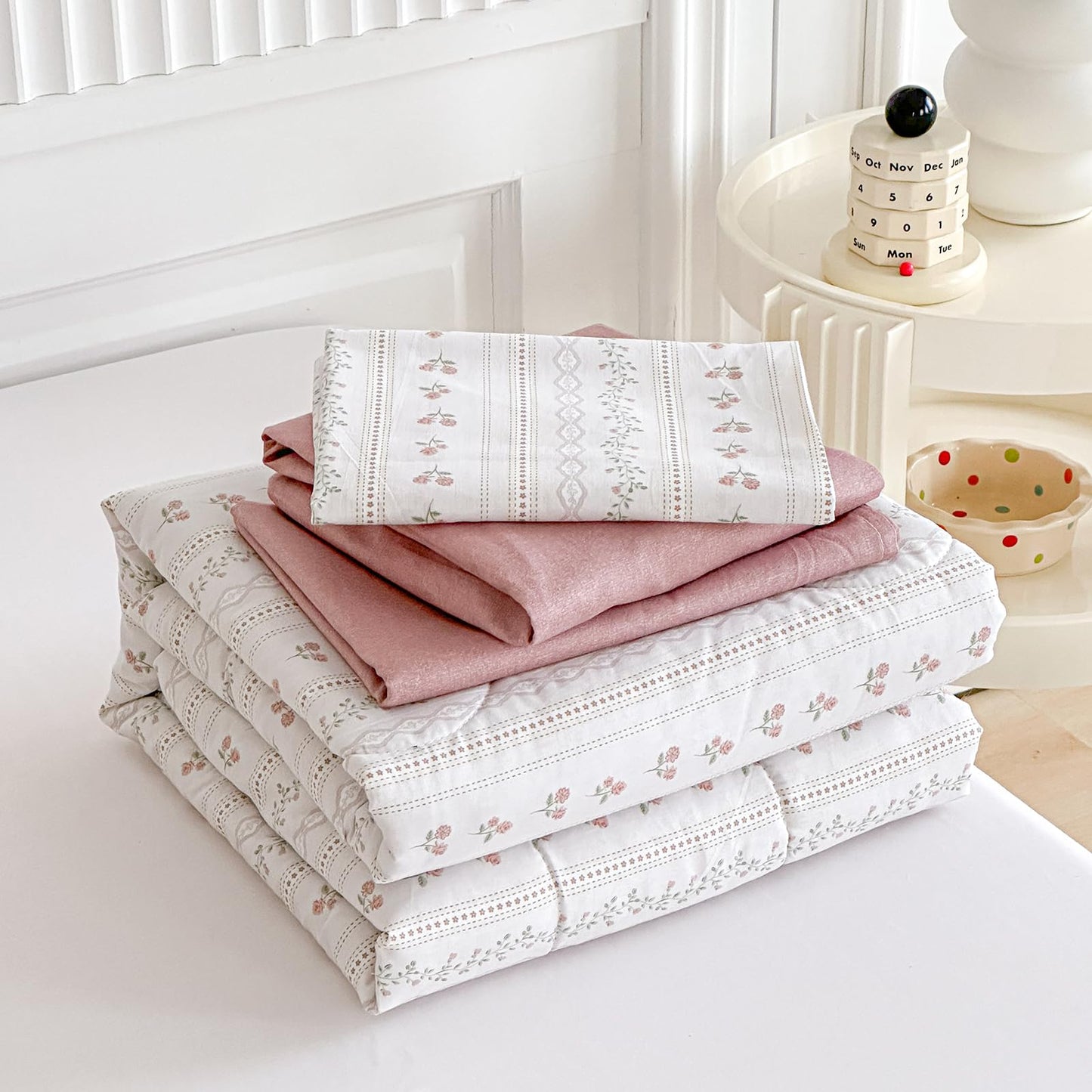 Joyreap 4 Piece Cotton Toddler Bedding Set For Girls, Flower Stripes Boho Design, Soft Breathable Cotton Toddler Comforter Set,