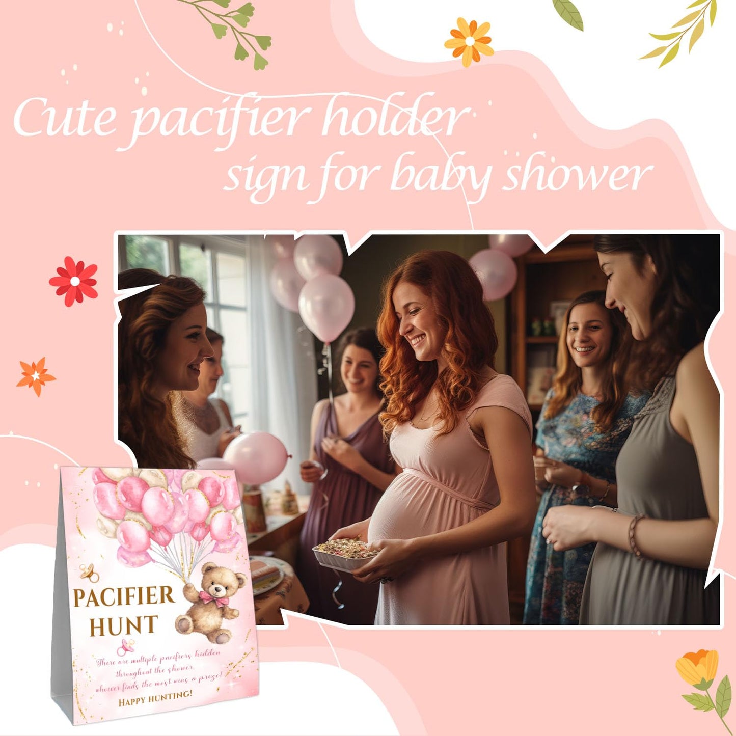Guawubiang Winnie Pacifier Hunt Sign, Mini Pacifiers Baby Shower Game Set, Pacifier Hunt Baby Shower Game, 50Pcs Pink Mini Pacif