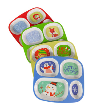 4E'S Novelty Christmas Dinnerware Divided Plates For Kids (Set Of 4) Melamine Plastic Bpa Free Sectional Holiday Dinner Plates,