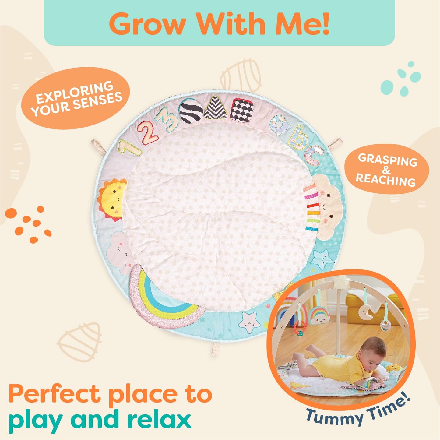 B. Baby - Wooden Baby Gym - Soft Play Mat - 5 Hanging Sensory Toys - Developmental Activities - Newborn - Sunrise To Sunset Play