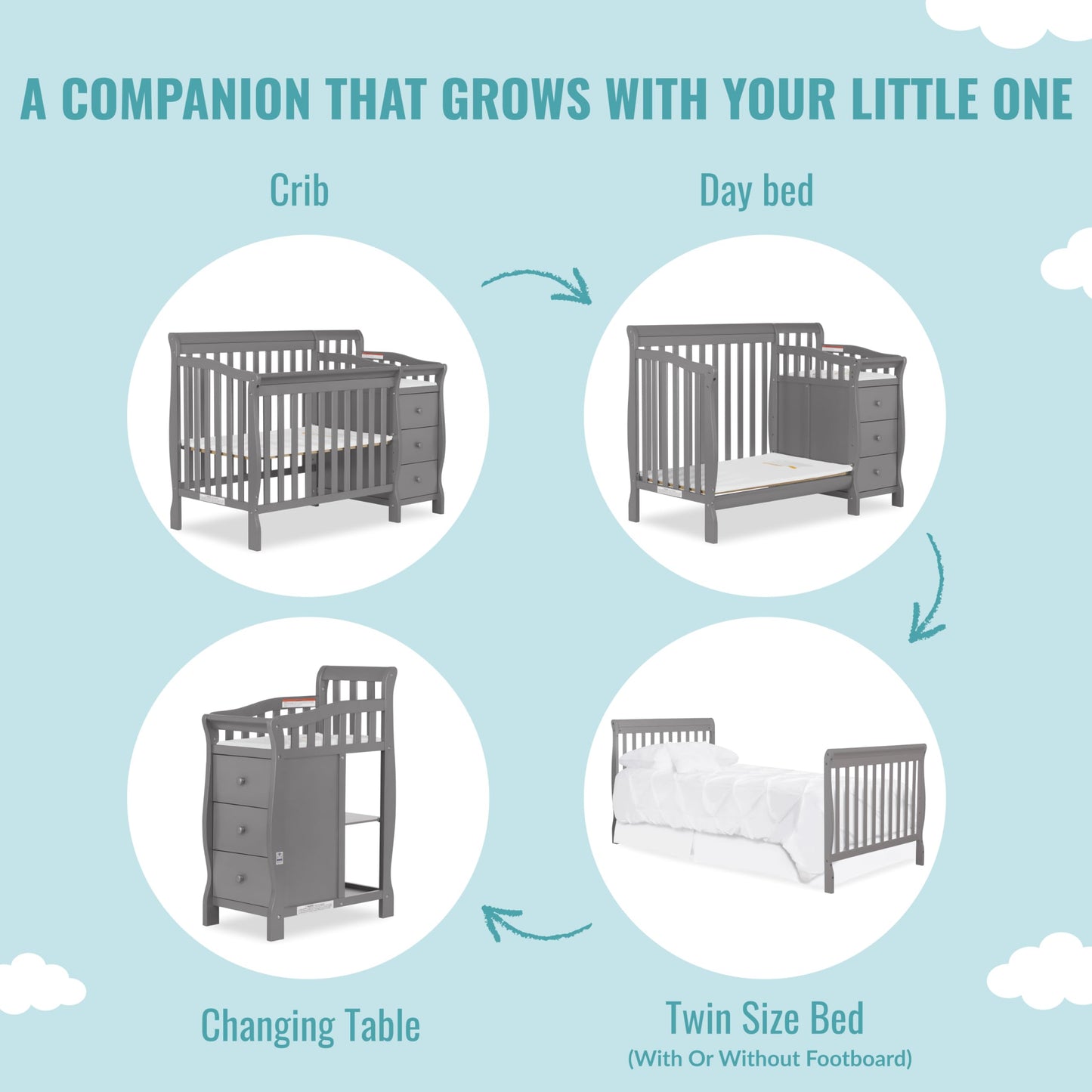 Dream On Me Jayden 4-In-1 Mini Convertible Crib And Changer In Storm Grey, Greenguard Gold Certified, Non-Toxic Finish, New Zeal