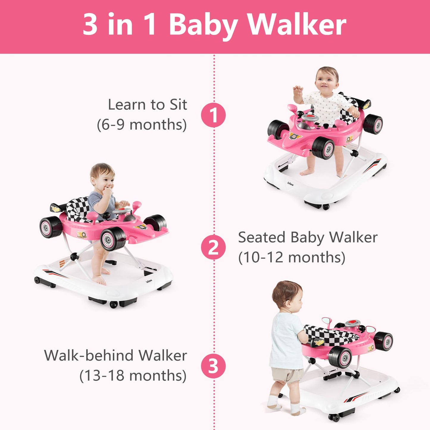Infans Foldable Baby Walker, 3 In 1 Toddler Activity Center Leaning-Seated Walk-Behind With Steering Wheel, Adjustable Height, L