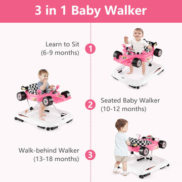 Infans Foldable Baby Walker, 3 In 1 Toddler Activity Center Leaning-Seated Walk-Behind With Steering Wheel, Adjustable Height, L