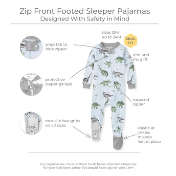 Burt'S Bees Baby Baby Boys Pajamas, Zipfront Nonslip Footed Pjs, Organic Cotton Baby And Toddler Sleepers, Happy Herbivores, 24