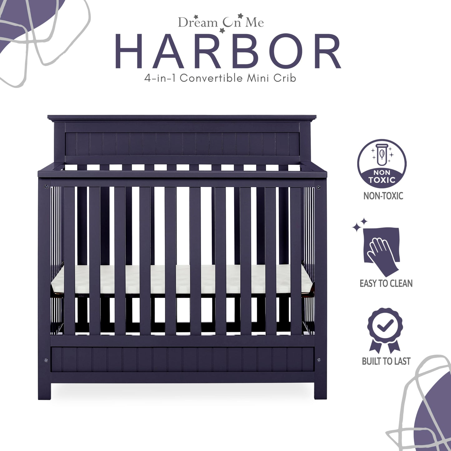 Dream On Me Harbor 4-In-1 Convertible Mini Crib In Navy, Greenguard Gold Certified