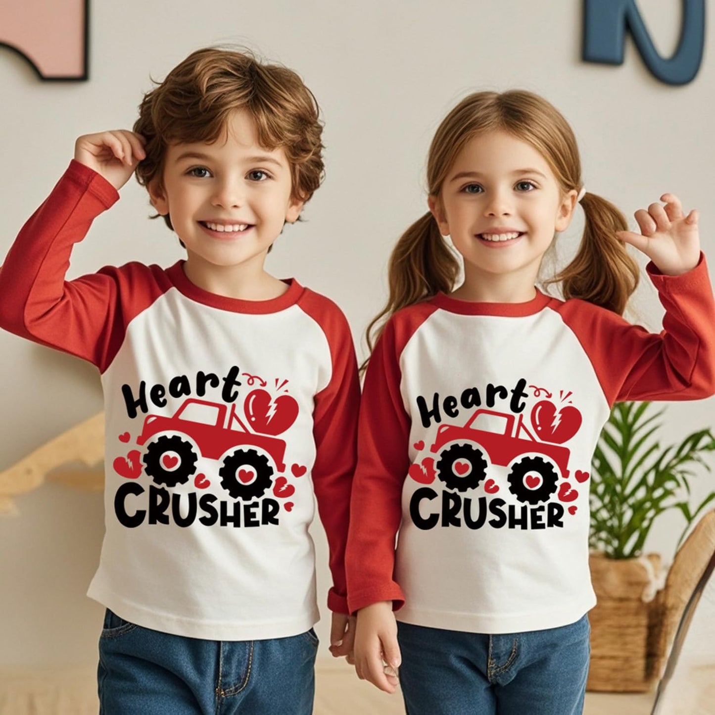 Toddler Boy Valentines Day Shirt Boys Girls Monster Truck Long Sleeve Raglan Kids Shirts For Valentines Red Tops 3T
