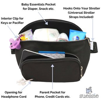 Suessie Fanny Pack Diaper Bag - With Baby Changing Pad & Waterproof Wipes Pocket - Stroller Organizer Black
