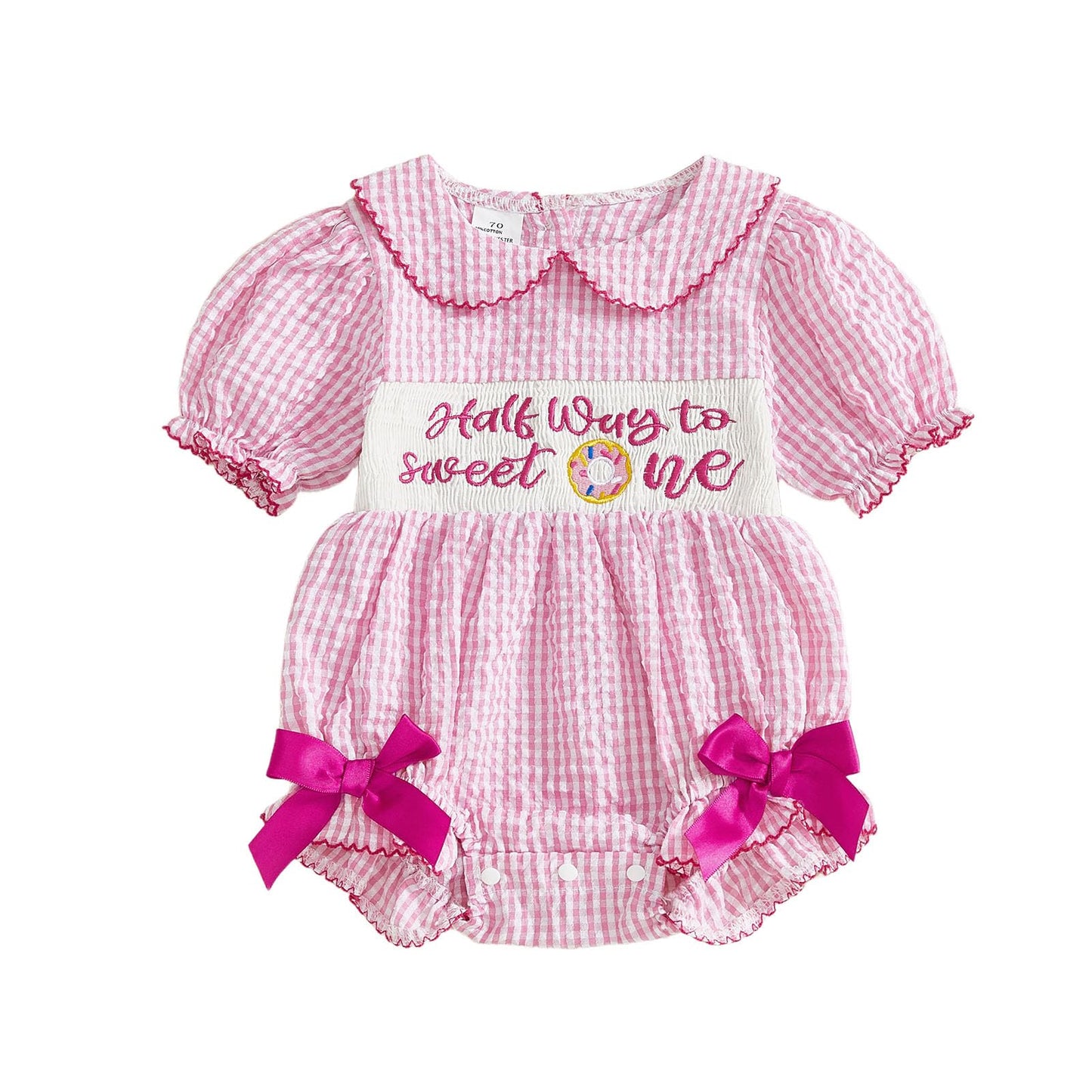 Bagilaanoe Half Birthday Outfit Baby Girl Half Way to Sweet ONE Donuts Short/Long Sleeve Romper Smocked Bubble Clothes (Short Sl