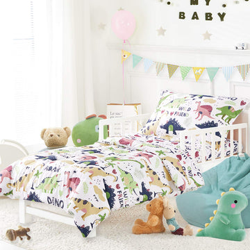 Joyreap 4 Piece Toddler Bedding Set, Dinosaur Theme Printed On White, Standard Size Includes Quilted Comforter, Fitted Sheet, To