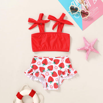 Toddler Girls Two Pieces Swimsuit Color Block Stripe Swimwear Summer Beach Bathing Suit 18M-5T(Red#Strawberry 2-3T)