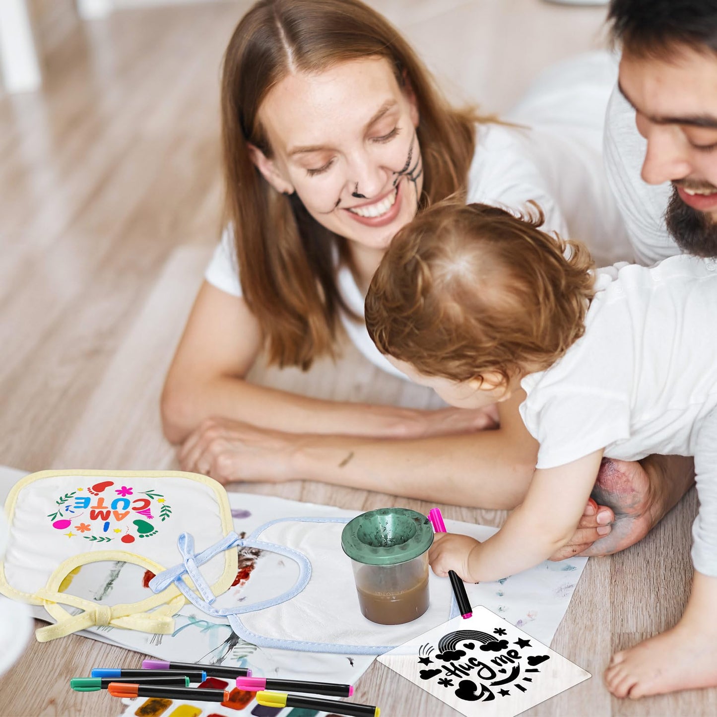 Jutom 38 Pcs Diy Baby Bibs Decorating Kit 14 Bibs 14 Stencils 10 Fabric Markers 2 Ply Feeder Bibs Design Bib For Shower Games (M