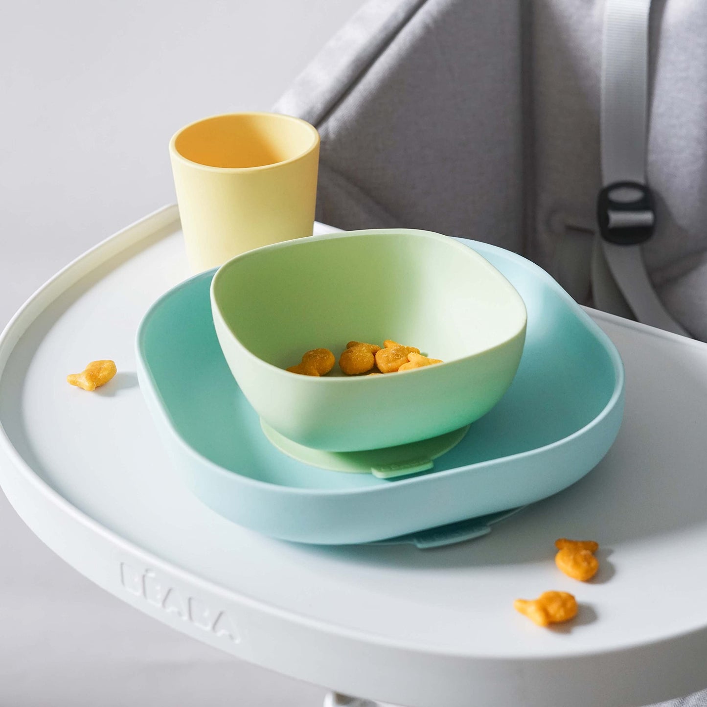 Beaba Silicone 4 Piece Baby Feeding Set, Suction Plates For Baby, Includes Plate, Bowl, Cup, 2Nd Stage Silicone Spoon, High Grad