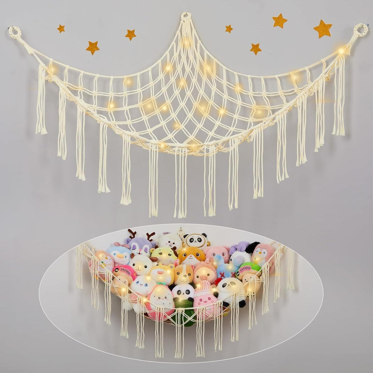 Macrame Kn0ts Stuffed Animal Hammock Net Toy Storage Organizer,with Fairy Lights Stuffed Animal Storage Toy Holder Boho Wall Han