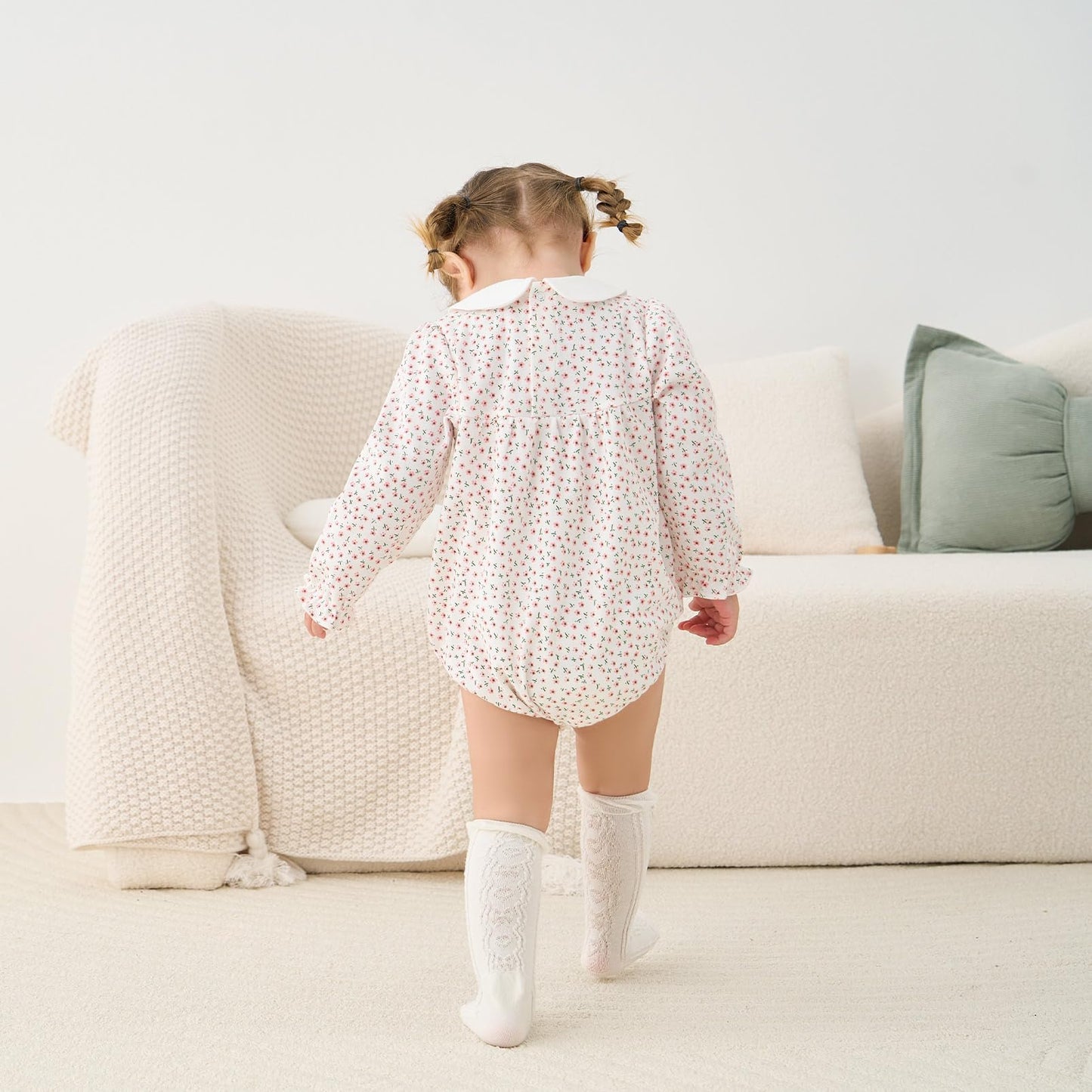 Pureborn Baby Girls Bodysuit Peter Pan Collar Bubble Romper Long Sleeve One-Piece Cotton Outfit Pink Flower 12-18 Months