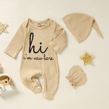 Grnshts Newborn Baby Boy Romper Coming Home Outfits Letter Print Knitted Jumpsuit+Hat+Gloves 3Pcs Clothes Set (Apricot, Newborn)