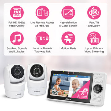 Vtech Upgraded 2-Cameras Smart Wifi Baby Monitor With 1080P Fhd Video And 5' Hd Screen, Free App With Motion Video, Sound/Motio