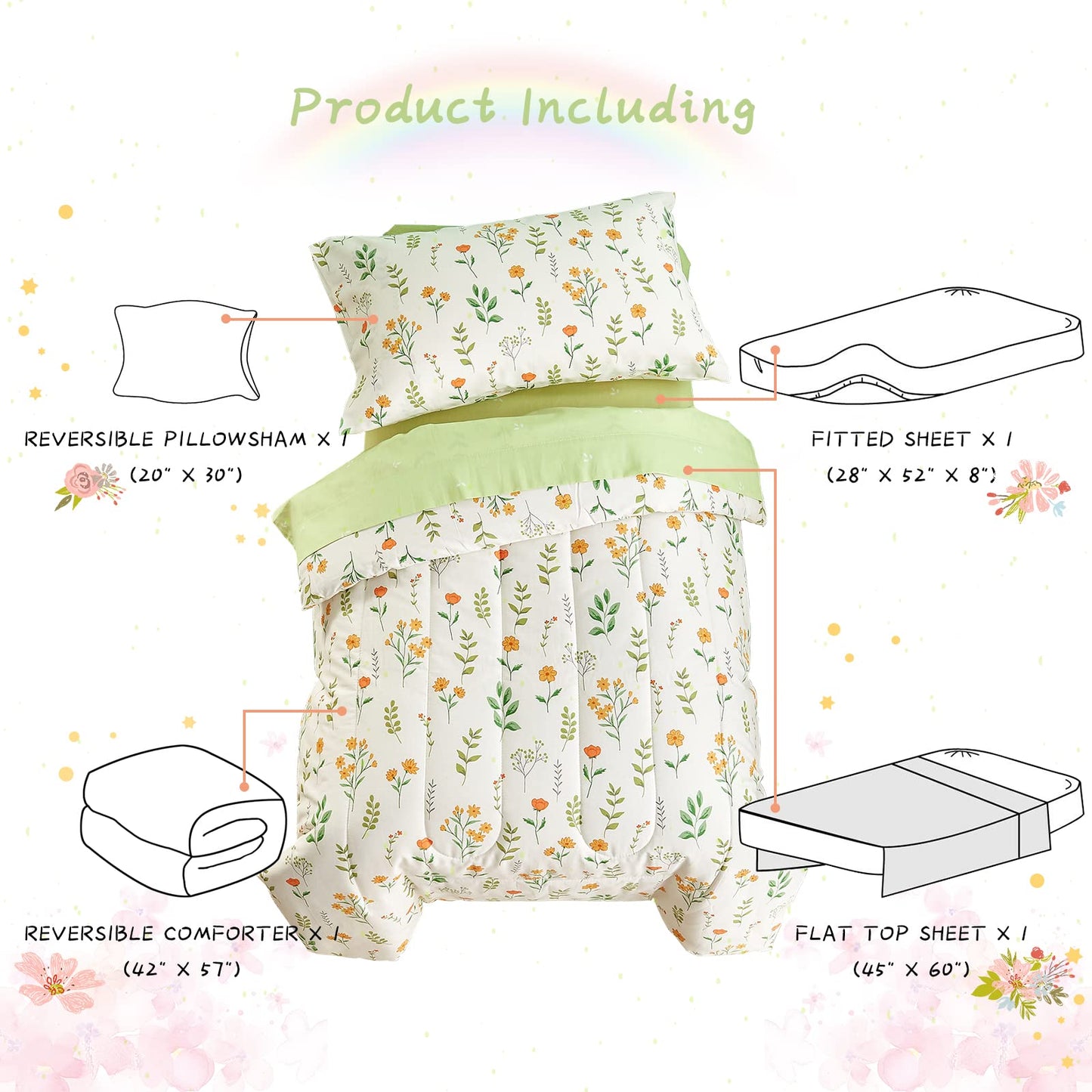 Joyreap 4 Piece Cotton Toddler Bedding Set For Girls, Yellow Flowers Green Leaves On White, Soft Breathable Toddler Comforter Se