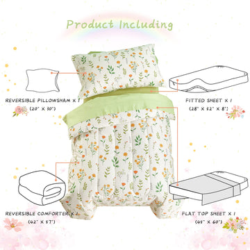 Joyreap 4 Piece Cotton Toddler Bedding Set For Girls, Yellow Flowers Green Leaves On White, Soft Breathable Toddler Comforter Se