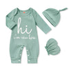 Grnshts Newborn Baby Boy Romper Coming Home Outfits Letter Print Knitted Jumpsuit+Hat+Gloves 3Pcs Clothes Set (Light Green, 1-3