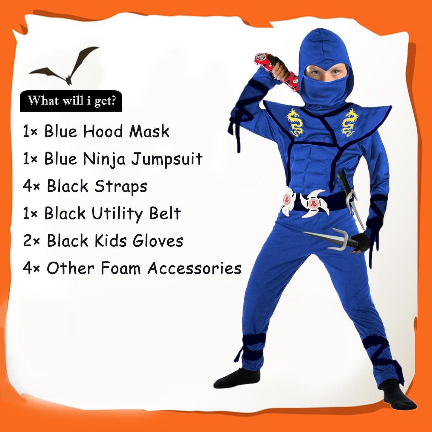 Satkull Kids Blue Ninja Costume, Ninja Deluxe Costume Set With Ninja Foam Accessories For Boy&Girl Party Dress Up Ninja Role Pla