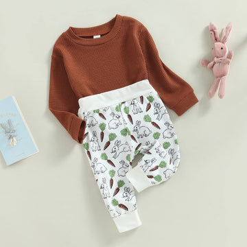 Infant Toddler Baby Boy Easter Outfits Long Sleeve Shirts Waffle Sweatshirt With Bunny Pants 2Pcs Spring Outfits (Bunny Brown, 0