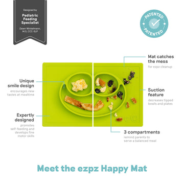 Ezpz Happy Mat - 24 Months+ (Lime) - 100% Silicone Suction Plate With Built-In Placemat For Toddlers + Preschoolers - Divided To