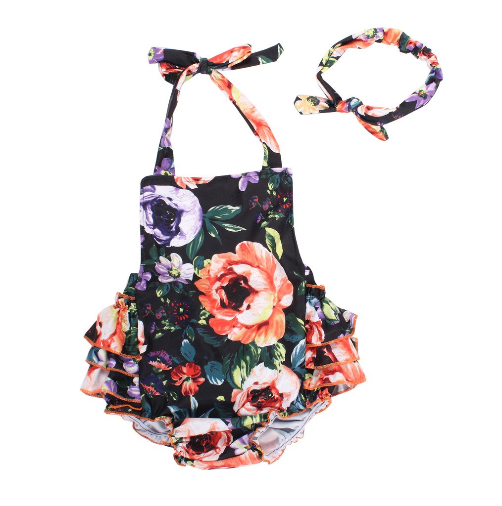 Camellia Floral Ruffles Rompers with Headband Summer Swimwear (Medium,Orange)