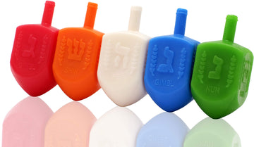 The Dreidel Company 10 Bulk Pack Multi-Color Plastic Hanukkah Dreidels With English Transliteration - Includes Game Instruction