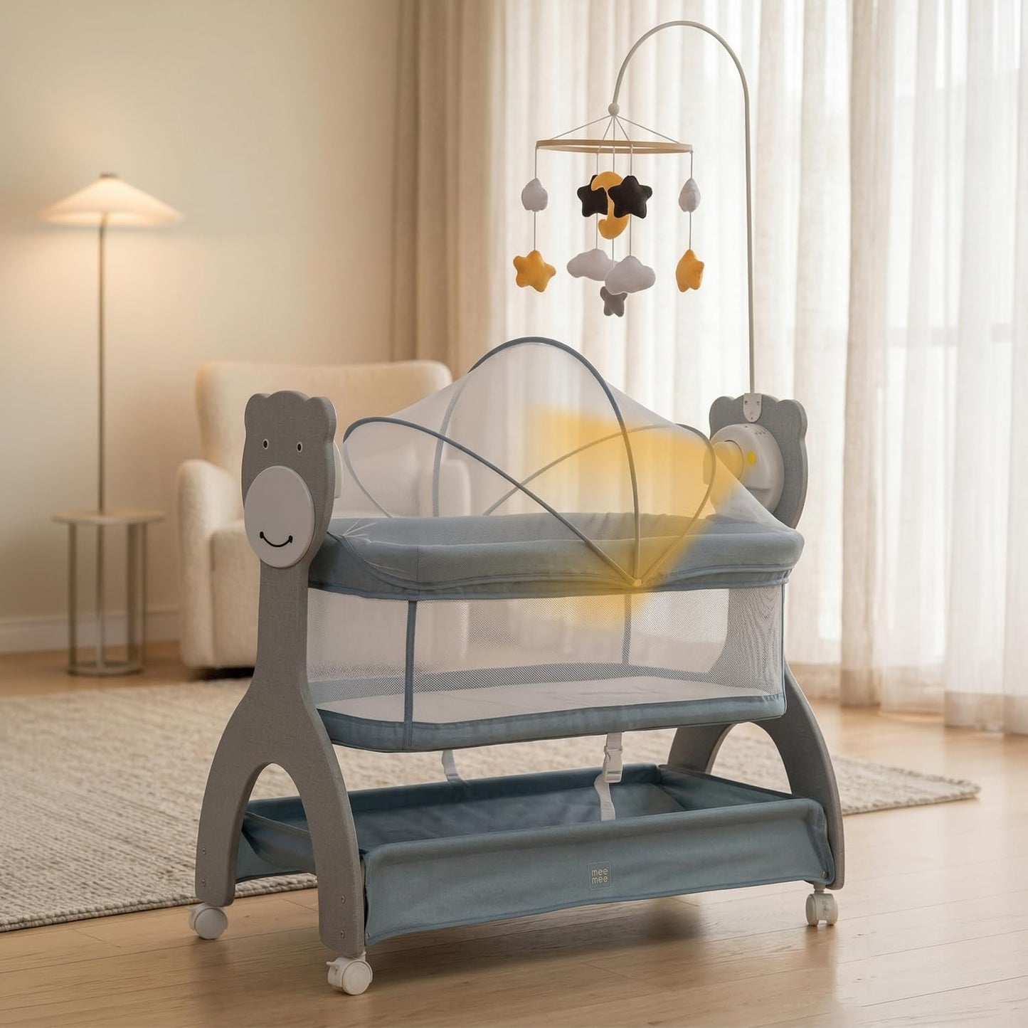 Mee Mee Sweet Love Automatic Electric Cradle With Cot Mobile | BuiltIn Soft Night Lamp | Remote 3Speed Swing | Soothing Music
