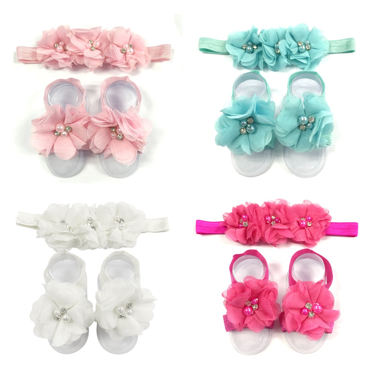 Allydrew Baby Girl Barefoot Flower Sandals & Headbands Set Chiffon Flower Baby Sandals - Princess (Set Of 4),One Size