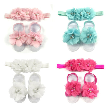 Allydrew Baby Girl Barefoot Flower Sandals & Headbands Set Chiffon Flower Baby Sandals - Princess (Set Of 4),One Size