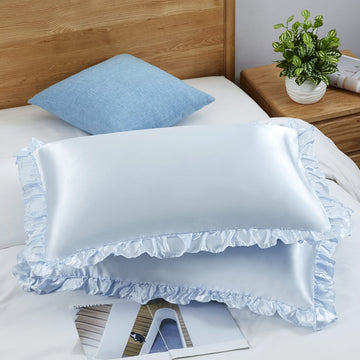 Siinvdabzx Ruffled Queen Satin Pillowcase Set Of 2, Baby Blue Silky Satin Pillow Cases For Women Ruffle Pillow Shams Covers Prin